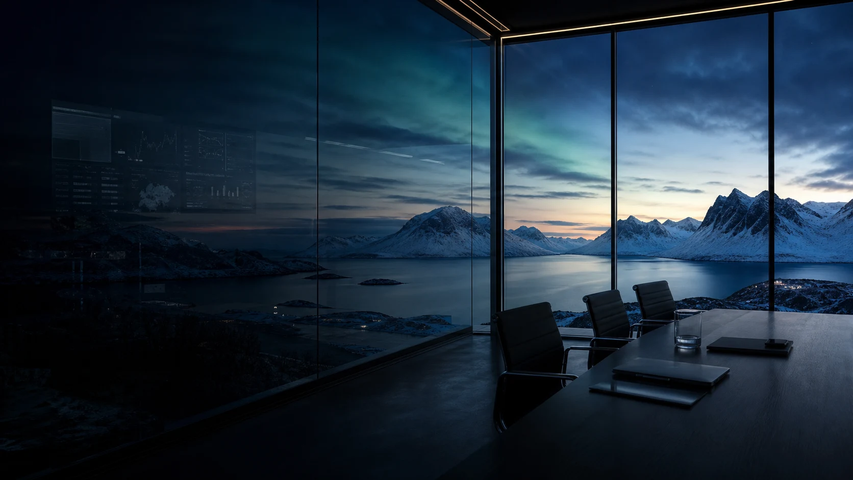 Arktisk fjord og fjell sett fra et møterom